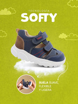 Tenis para niña en colores pasteles, lila, rosa, amarillo y blanco, con tecnología Softy, una suela suave para sus primeros pasos.