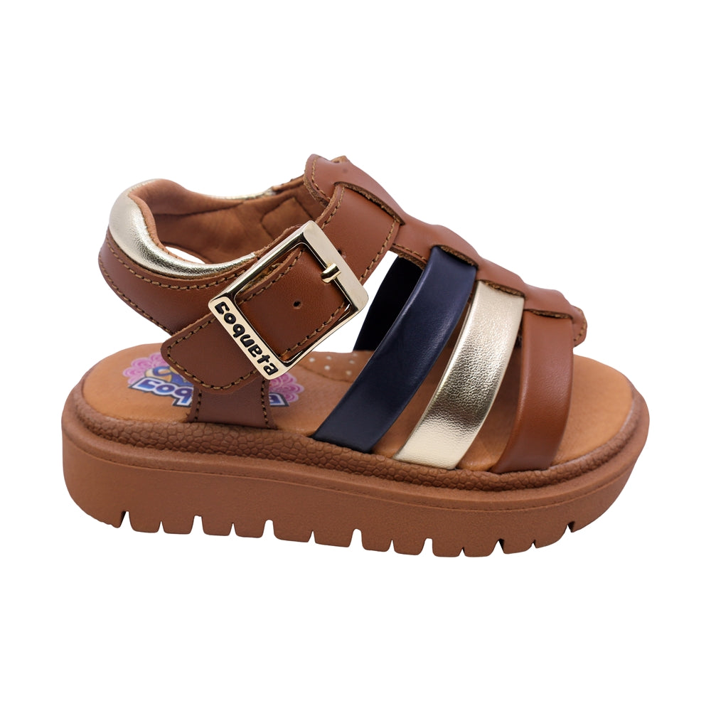 SANDALIA COQUETA PARA NIÑA COLOR MIEL DE PIEL TOMASA CON HEBILLA