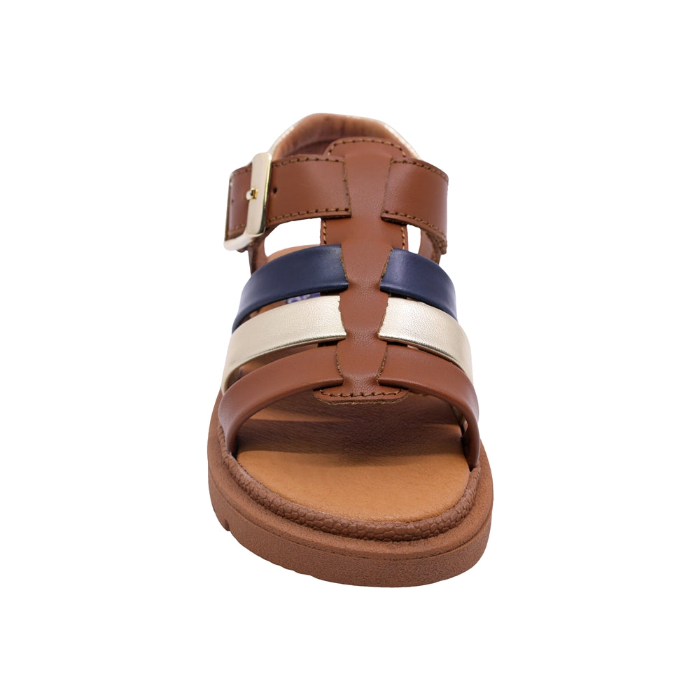 SANDALIA COQUETA PARA NIÑA COLOR MIEL DE PIEL TOMASA CON HEBILLA