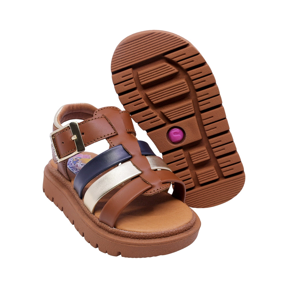 SANDALIA COQUETA PARA NIÑA COLOR MIEL DE PIEL TOMASA CON HEBILLA