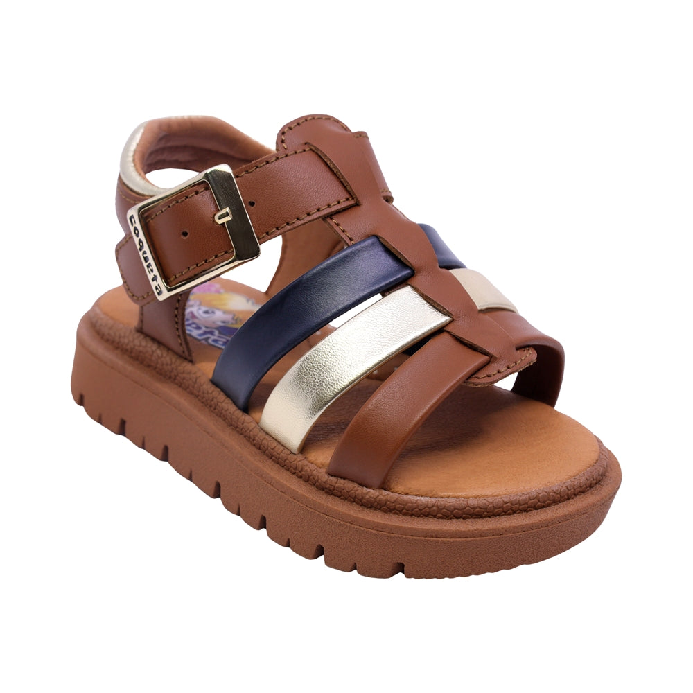 SANDALIA COQUETA PARA NIÑA COLOR MIEL DE PIEL TOMASA CON HEBILLA
