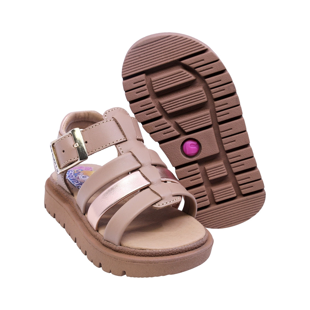 SANDALIA COQUETA PARA NIÑA COLOR ARENA DE PIEL TOMASA CON HEBILLA