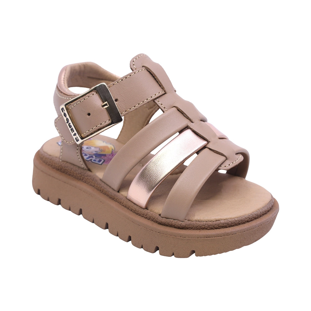 SANDALIA COQUETA PARA NIÑA COLOR ARENA DE PIEL TOMASA CON HEBILLA