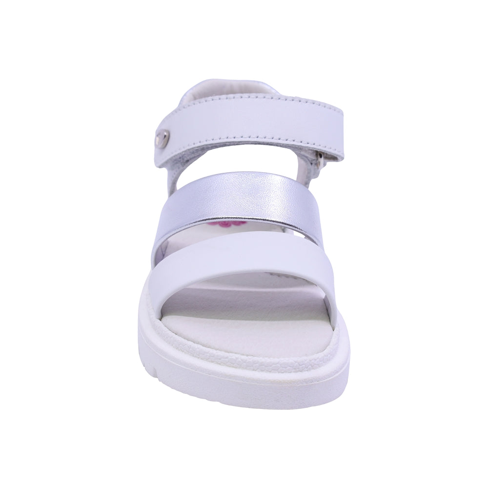 SANDALIA COQUETA PARA NIÑA COLOR BLANCO DE PIEL TOMASA CON TIRA DE CONTACTO
