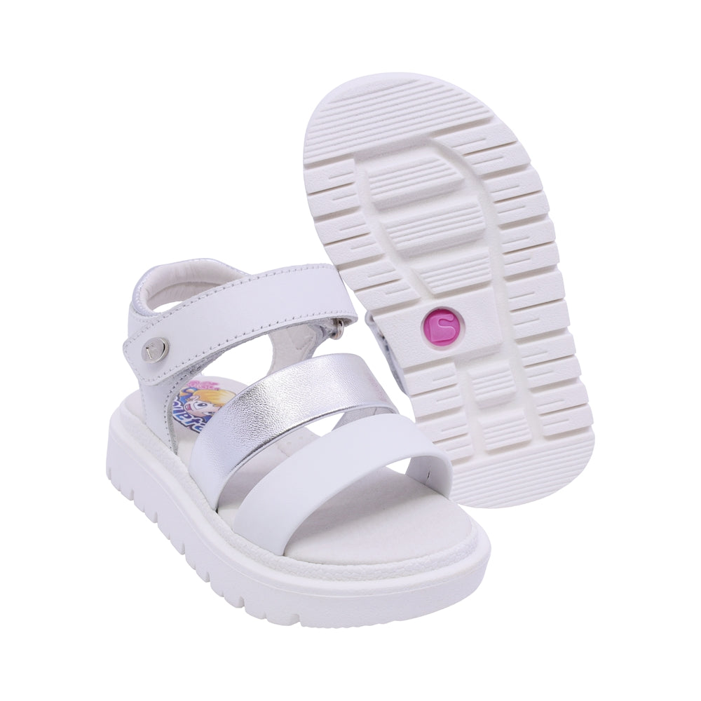 SANDALIA COQUETA PARA NIÑA COLOR BLANCO DE PIEL TOMASA CON TIRA DE CONTACTO