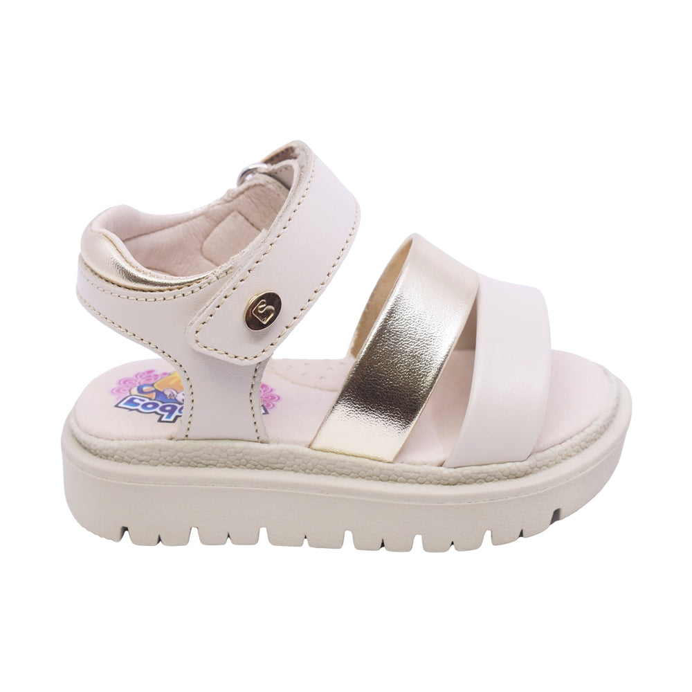 SANDALIA COQUETA PARA NIÑA COLOR BEIGE DE PIEL TOMASA CON TIRA DE CONTACTO