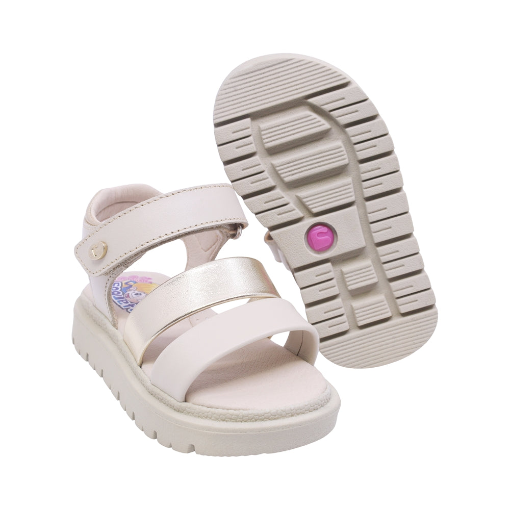 SANDALIA COQUETA PARA NIÑA COLOR BEIGE DE PIEL TOMASA CON TIRA DE CONTACTO
