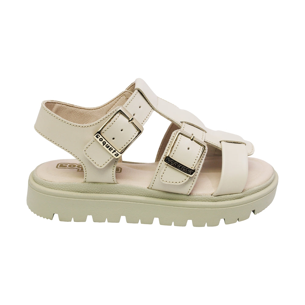 SANDALIA COQUETA PARA NIÑA COLOR BEIGE DE PIEL TOMASA CON HEBILLA