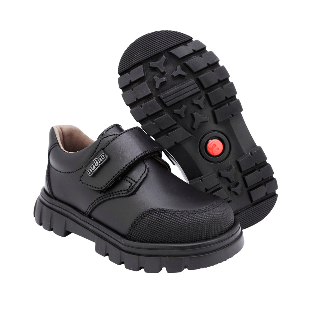 ZAPATO ESCOLAR AUDAZ PARA NIÑO PIEL NEGRO THUNDER CON TIRA DE CONTACTO