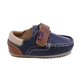 MOCASÍN AUDAZ PARA NIÑO DE PIEL COLOR AZUL MÁLAGA CON TIRA DE CONTACTO