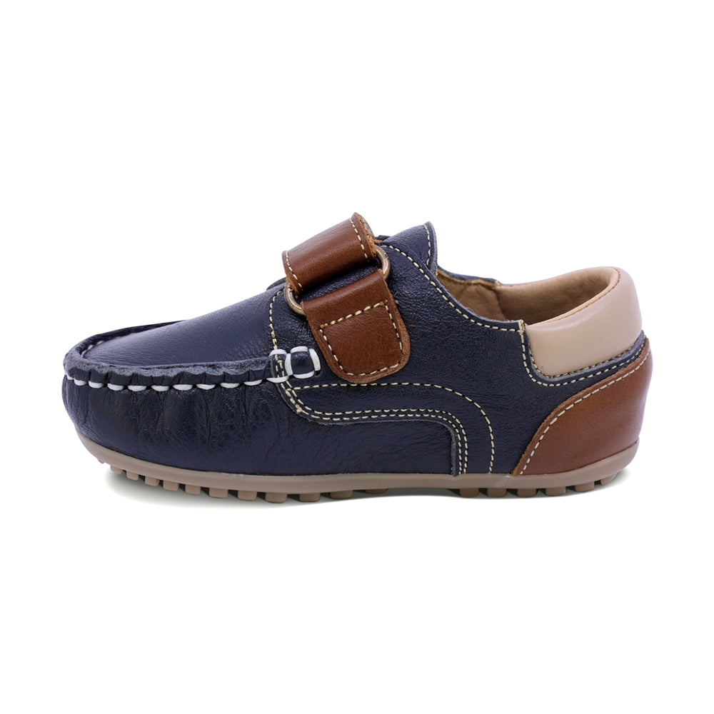 MOCASÍN AUDAZ PARA NIÑO DE PIEL COLOR AZUL MÁLAGA CON TIRA DE CONTACTO