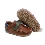 MOCASÍN AUDAZ PARA NIÑO DE PIEL COLOR CAFÉ CLARO MÁLAGA CON TIRA DE CONTACTO