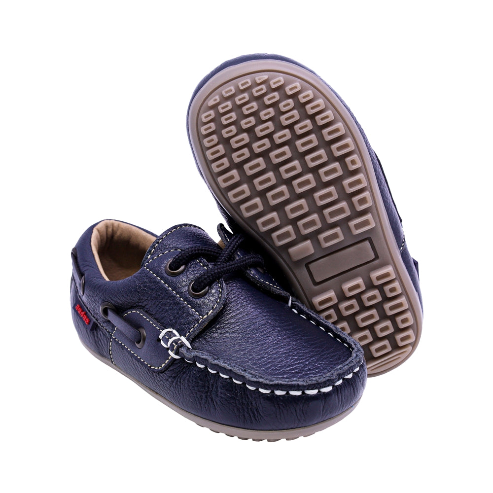 MOCASÍN AUDAZ PARA NIÑO COLOR AZUL DE PIEL MALAGA CON AGUJETA