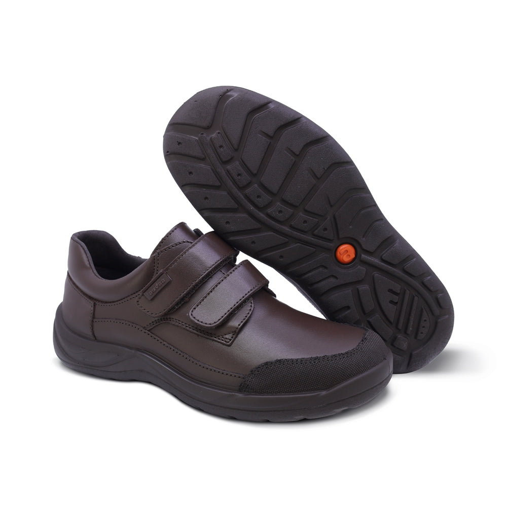 Zapato escolar Audaz de piel color café Tadeo con doble tira de contacto