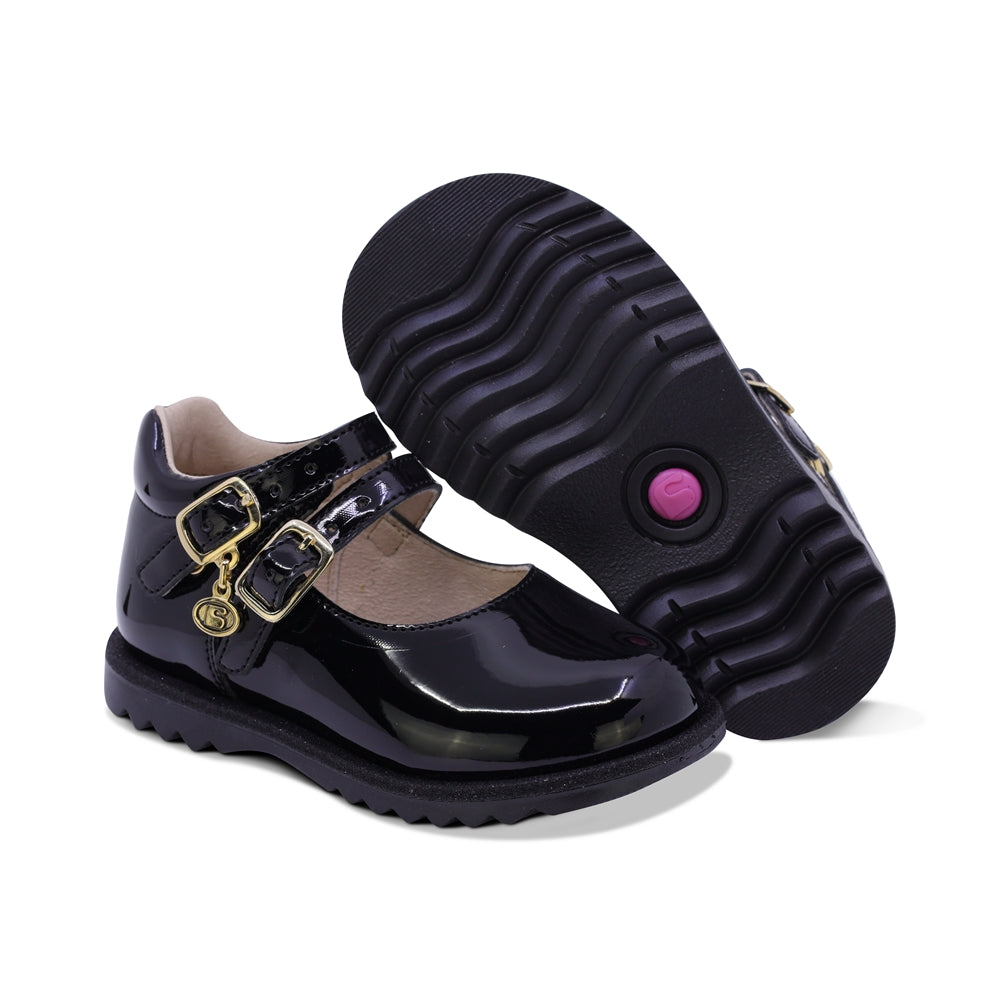 ZAPATO COQUETA PARA NIÑA EN CHAROL COLOR NEGRO RONDY CON DOBLE HEBILLA