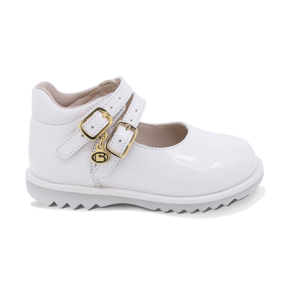 ZAPATO COQUETA PARA NIÑA EN CHAROL COLOR BLANCO RONDY CON DOBLE HEBILLA