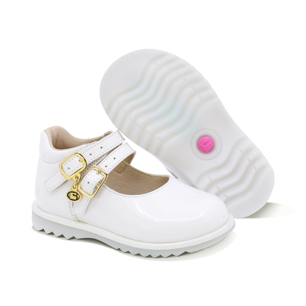 ZAPATO COQUETA PARA NIÑA EN CHAROL COLOR BLANCO RONDY CON DOBLE HEBILLA
