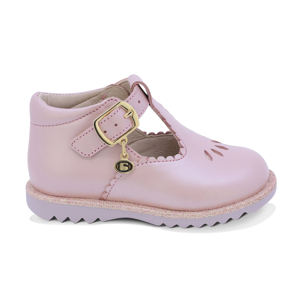 ZAPATO COQUETA PARA NIÑA DE PIEL COLOR ROSA RONDY CON HEBILLA