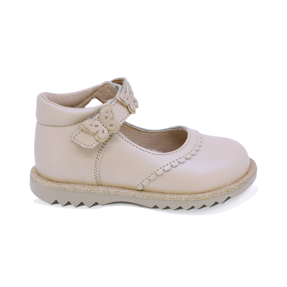 ZAPATO COQUETA PARA NIÑA PIEL COLOR BEIGE RONDY CON TIRA DE CONTACTO