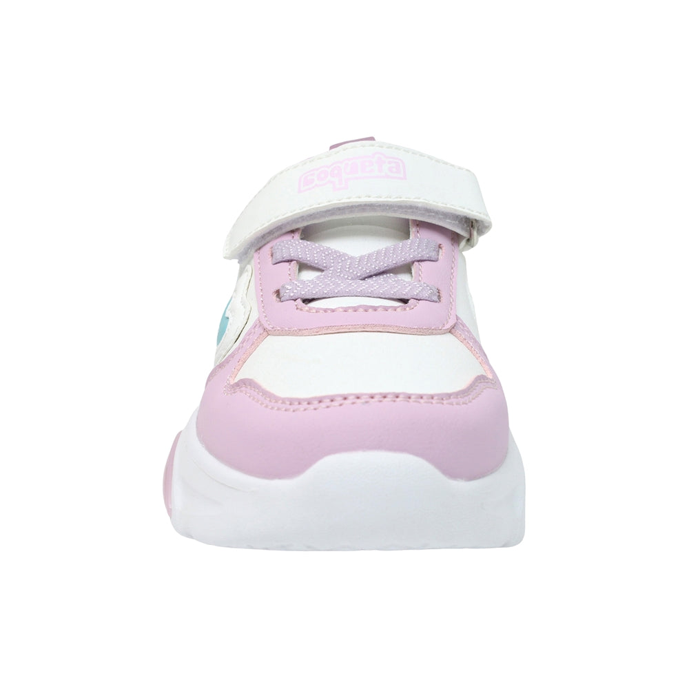 TENIS COQUETA PARA NIÑA EN SINTÉTICO COLOR BLANCO-LILA BULMA CON AGUJETA Y TIRA DE CONTACTO
