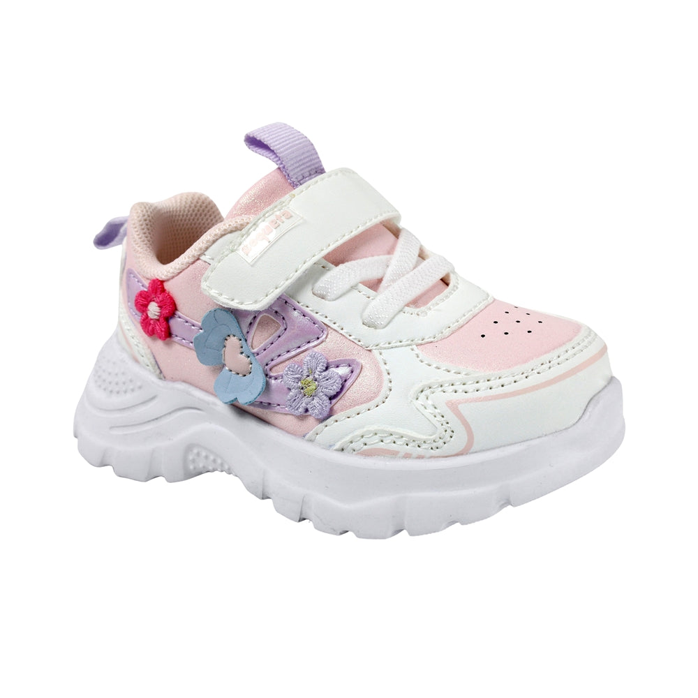 TENIS COQUETA PARA NIÑA EN SINTÉTICO COLOR BLANCO-ROSA NEMO CON AGUJETA Y TIRA DE CONTACTO