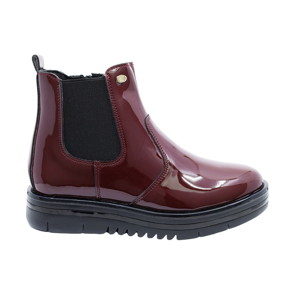 BOTA COQUETA  PARA NIÑA CHAROL VINO NORA TIPO BOTIN