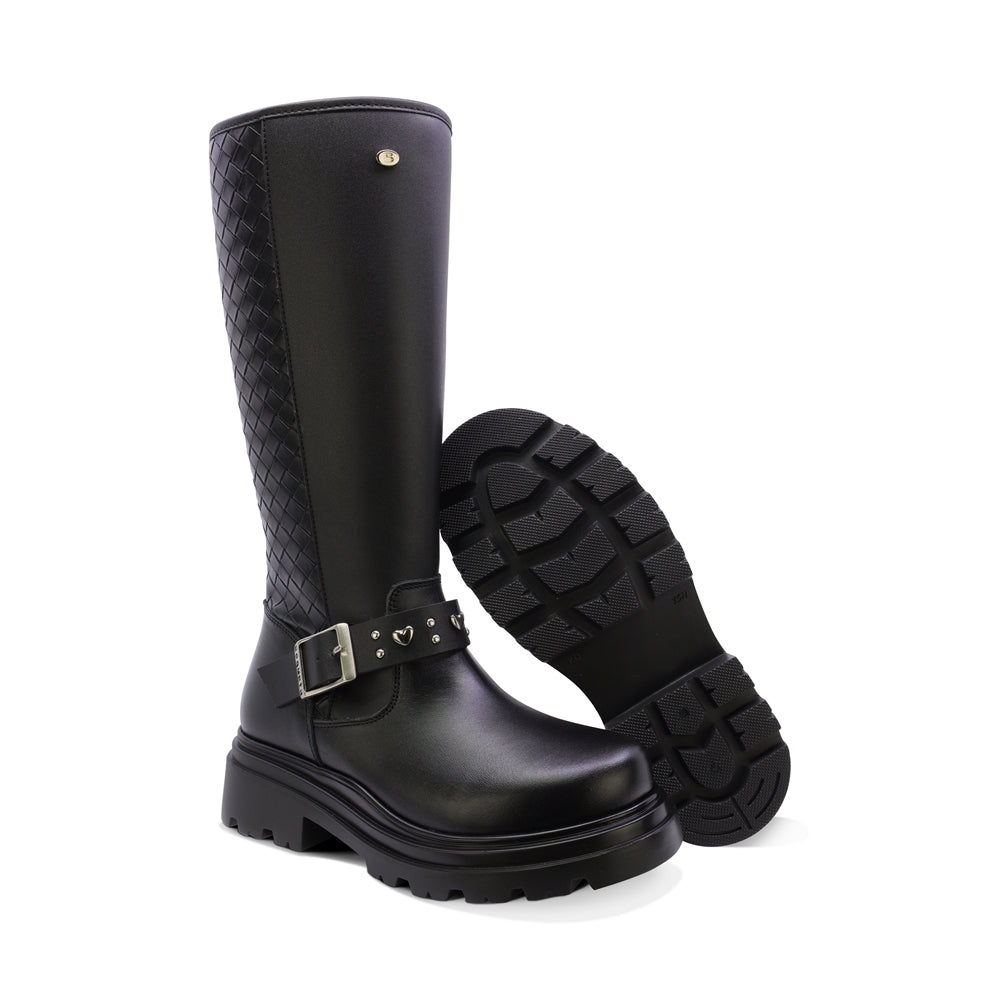 BOTA COQUETA PARA NIÑA DE SINTÉTICO COLOR NEGRO JAZZ CON HEBILLA DECORATIVA