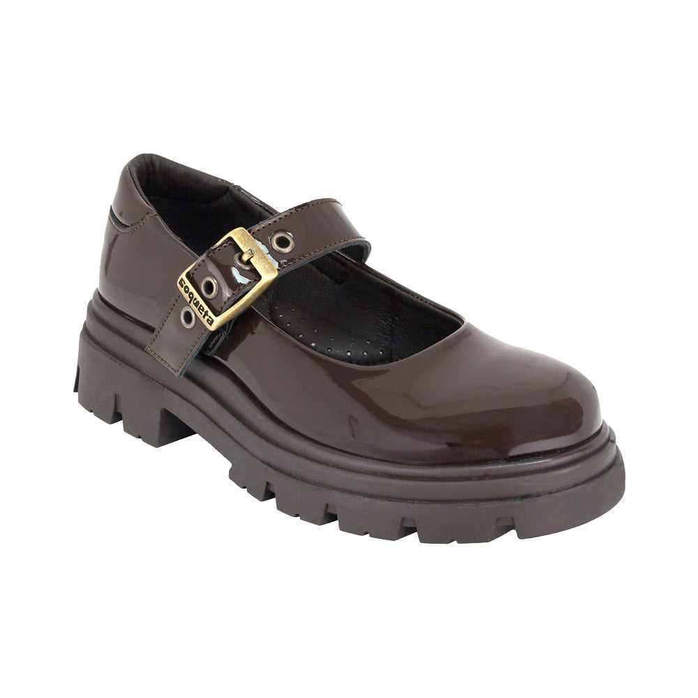 ZAPATO ESCOLAR COQUETA PARA NIÑA SINTÉTICO CAFE JAZZ CON HEBILLA