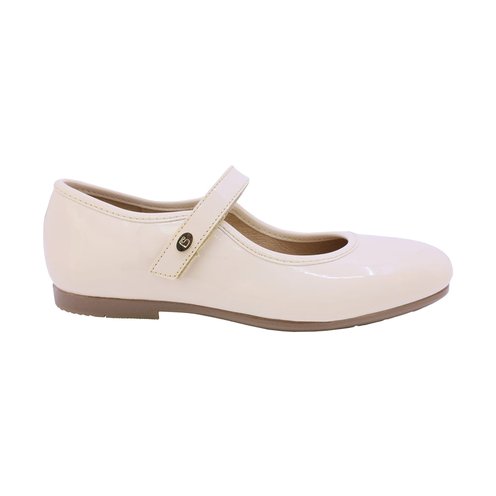 MARY JANE COQUETA PARA NIÑA EN CHAROL COLOR BEIGE FATIMA CON TIRA DE CONTACTO
