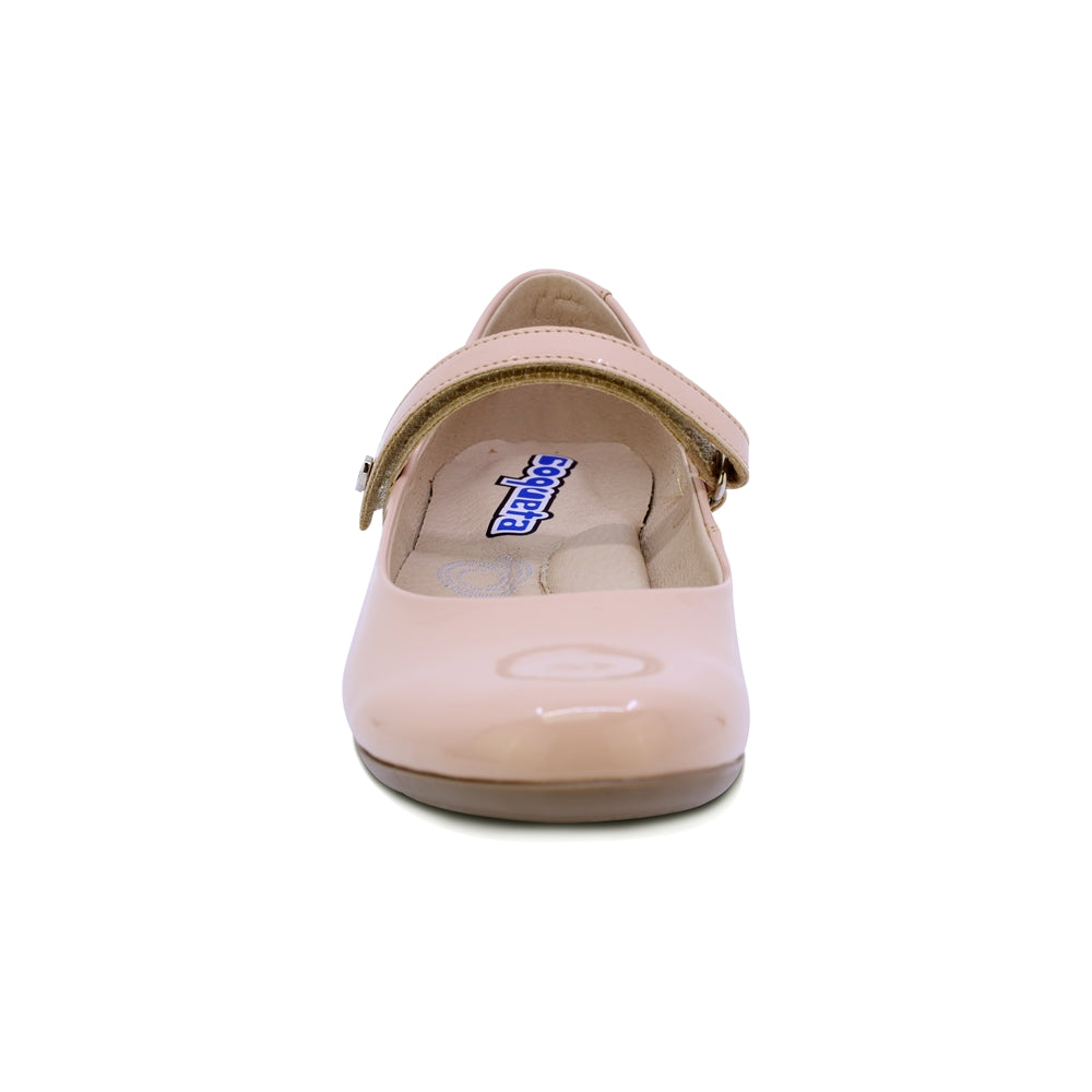 BALERINA COQUETA PARA NIÑA CHAROL COLOR BEIGE XIMENA CON TIRA DE CONTACTO