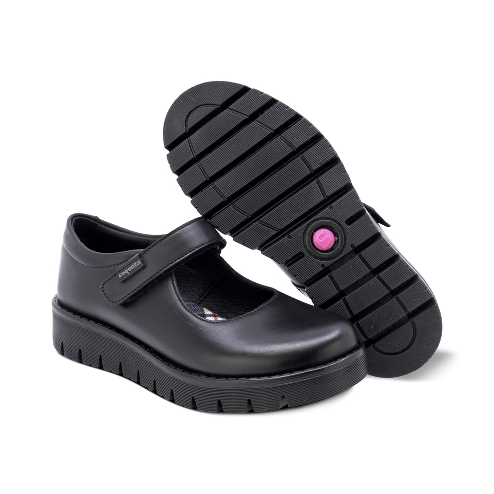 ZAPATO ESCOLAR COQUETA PARA NIÑA PIEL NEGRO FLORENCE CON TIRA DE CONTACTO