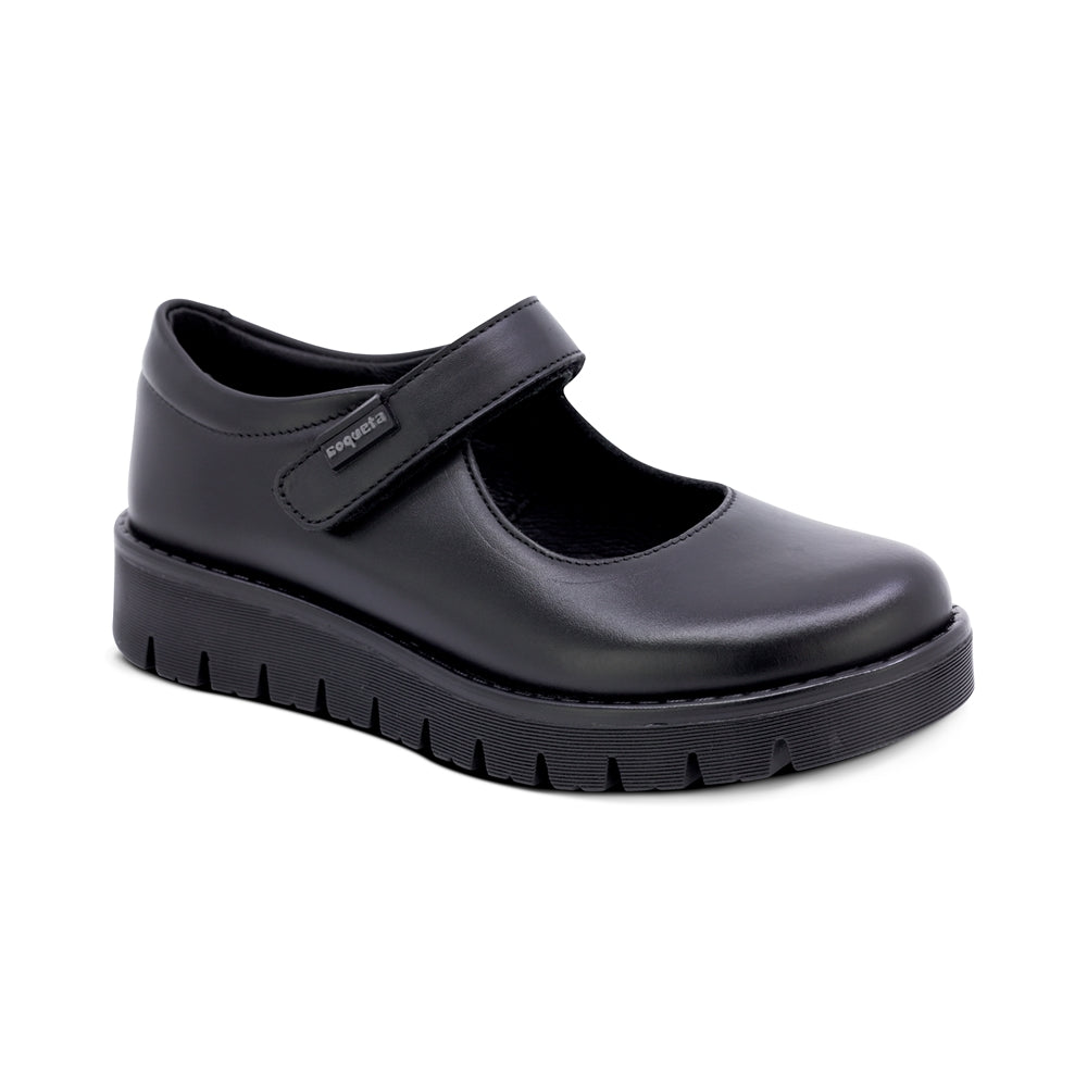 ZAPATO ESCOLAR COQUETA PARA NIÑA PIEL NEGRO FLORENCE CON TIRA DE CONTACTO