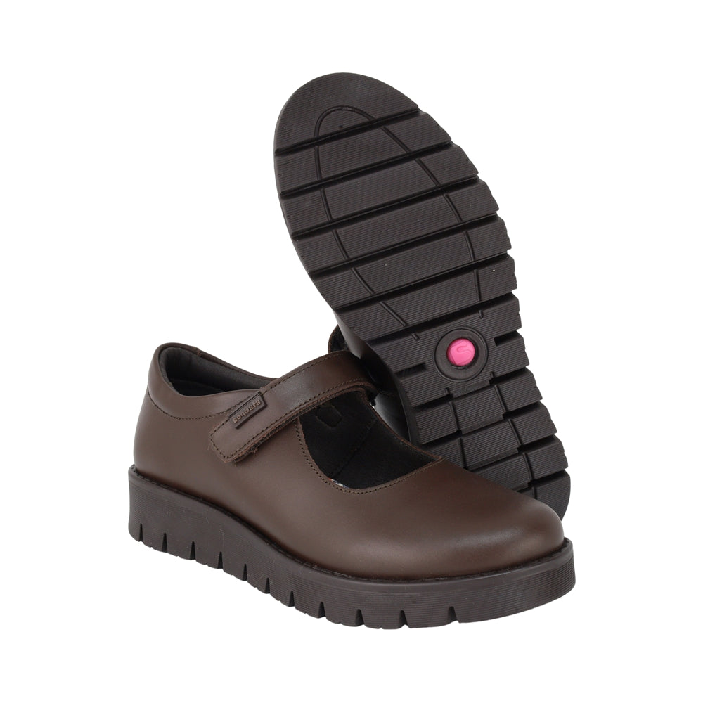 ZAPATO ESCOLAR COQUETA PARA NIÑA PIEL CAFE FLORENCE CON TIRA DE CONTACTO