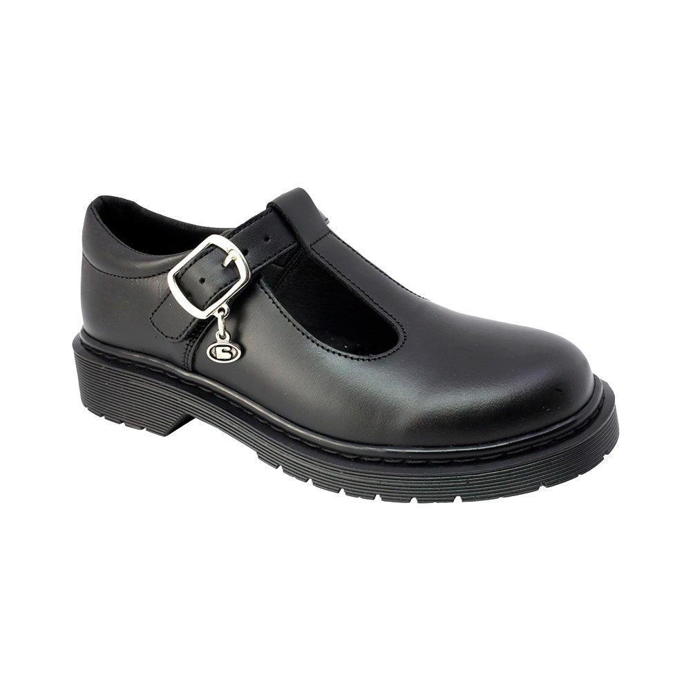 ZAPATO ESCOLAR COQUETA PARA NIÑA PIEL NEGRO MARTÍN CON CORREA EN T CON HEBILLA