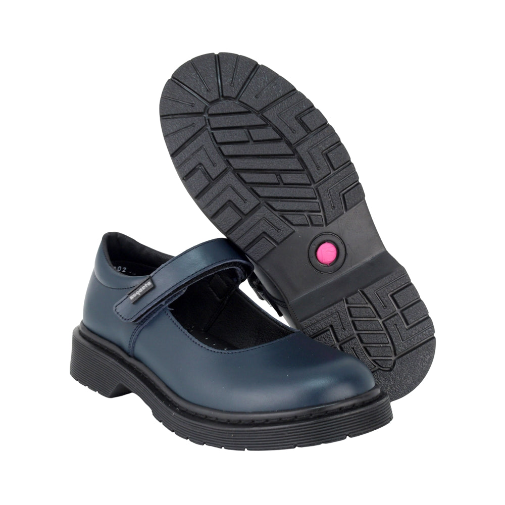 ZAPATO ESCOLAR COQUETA PARA NIÑA PIEL AZUL MARTÍN CON TIRA DE CONTACTO