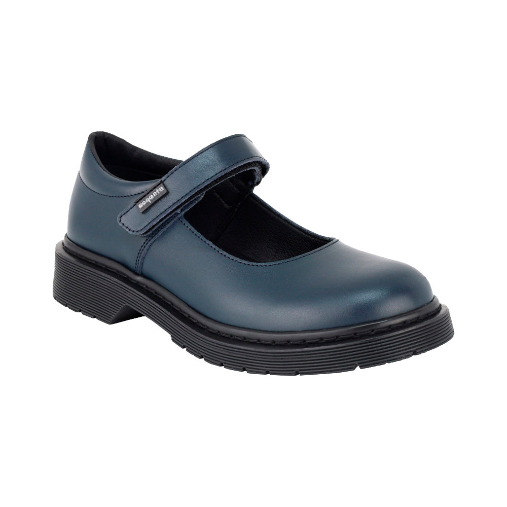 ZAPATO ESCOLAR COQUETA PARA NIÑA PIEL AZUL MARTÍN CON TIRA DE CONTACTO