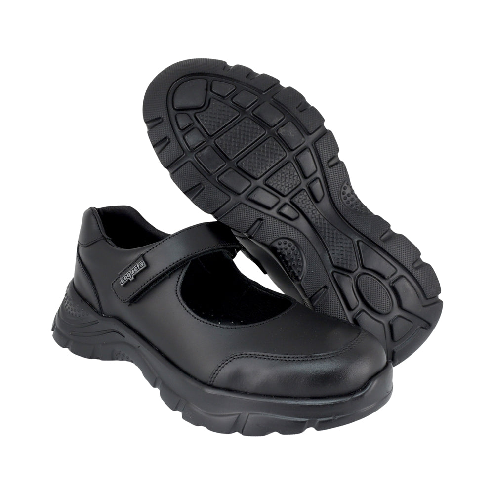ZAPATO ESCOLAR COQUETA PARA NIÑA PIEL NEGRO NEMO CON TIRA DE CONTACTO