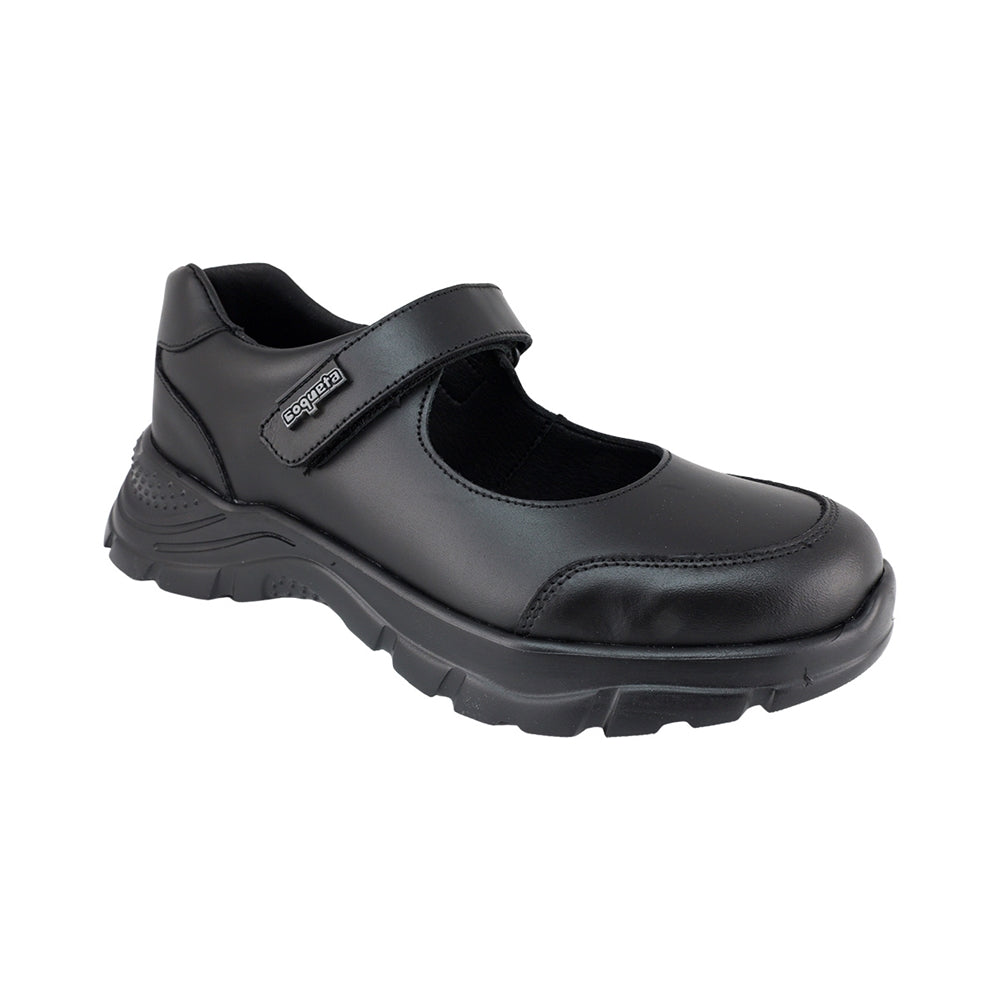 ZAPATO ESCOLAR COQUETA PARA NIÑA PIEL NEGRO NEMO CON TIRA DE CONTACTO