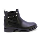 BOTA COQUETA PARA NIÑA DE PIEL COLOR NEGRO CANUTA CON TIRAS DECORATIVAS