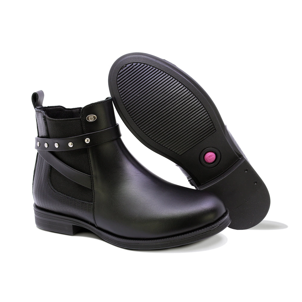 BOTA COQUETA PARA NIÑA DE PIEL COLOR NEGRO CANUTA CON TIRAS DECORATIVAS
