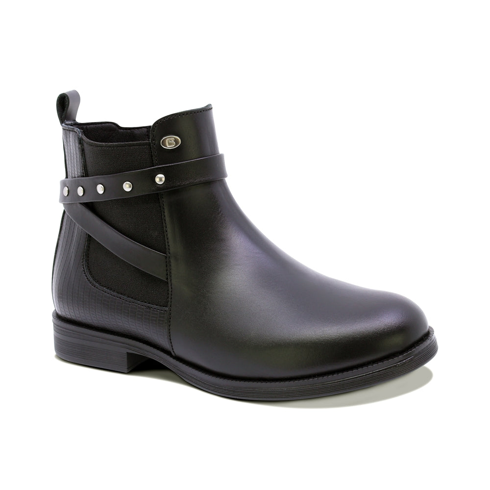BOTA COQUETA PARA NIÑA DE PIEL COLOR NEGRO CANUTA CON TIRAS DECORATIVAS