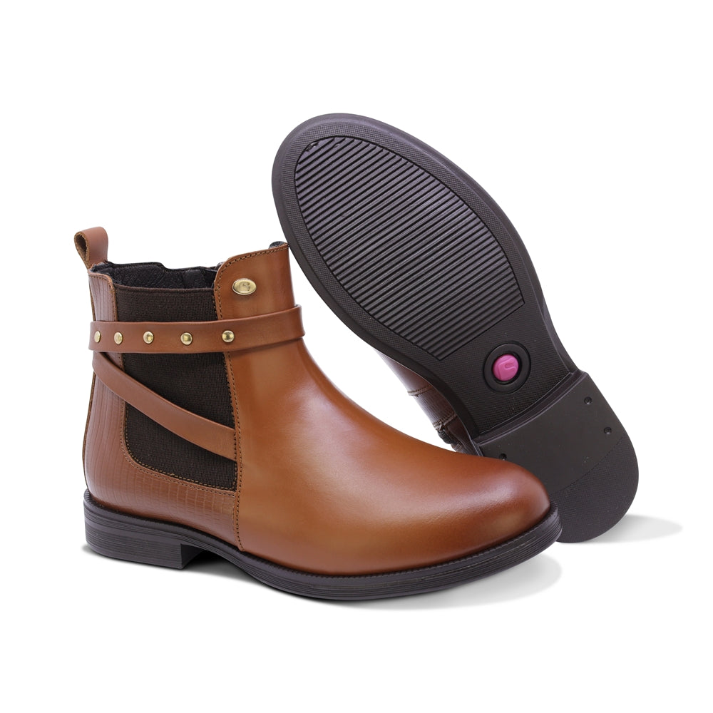 BOTA COQUETA PARA NIÑA DE PIEL COLOR MIEL CANUTA CON ESTOPEROLES