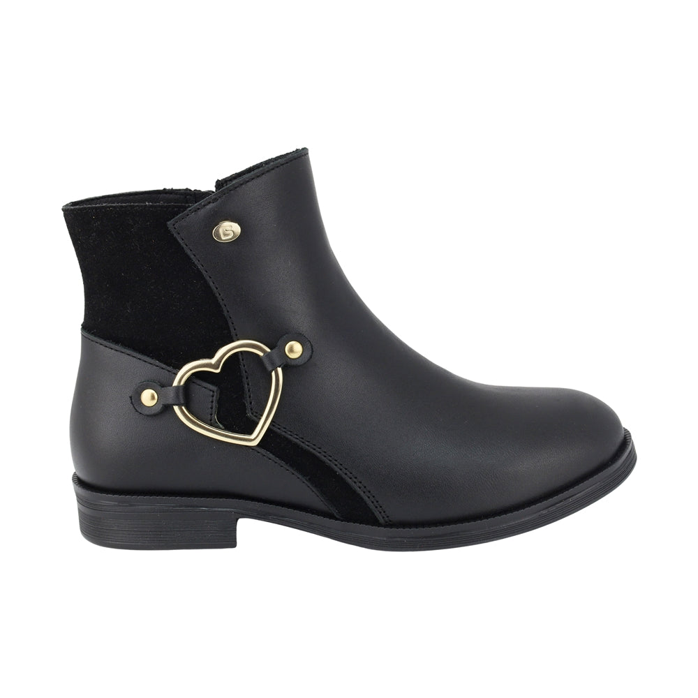 BOTA COQUETA PARA NIÑA EN PIEL COLOR NEGRO CANUTA CON ELÁSTICO Y HERRAJE DE CORAZÓN