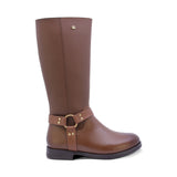 BOTA COQUETA PARA NIÑA DE SINTÉTICO COLOR CAFÉ CLARO CANUTA CON HERRAJE DORADO