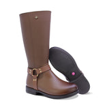 BOTA COQUETA PARA NIÑA DE SINTÉTICO COLOR CAFÉ CLARO CANUTA CON HERRAJE DORADO