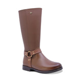 BOTA COQUETA PARA NIÑA DE SINTÉTICO COLOR CAFÉ CLARO CANUTA CON HERRAJE DORADO
