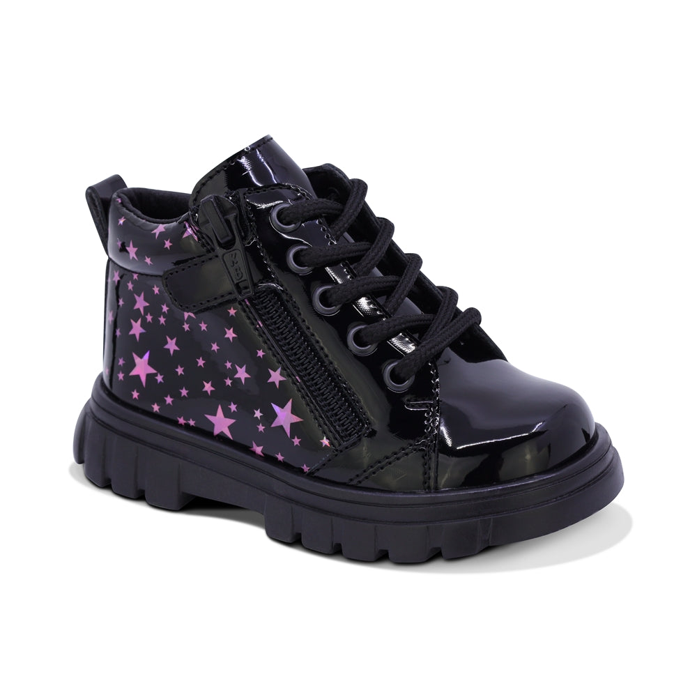 BOTITA COQUETA PARA NIÑA EN CHAROL COLOR NEGRO THUNDER CON ESTAMPADO DE ESTRELLAS