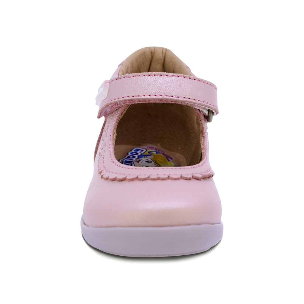 ZAPATO COQUETA PARA NIÑA DE PIEL COLOR ROSA PANAL CON TIRA DE CONTACTO