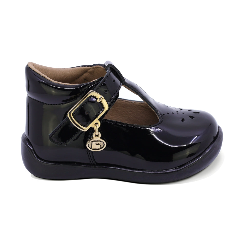 ZAPATO COQUETA PARA NIÑA EN CHAROL COLOR NEGRO PANAL CON HEBILLA