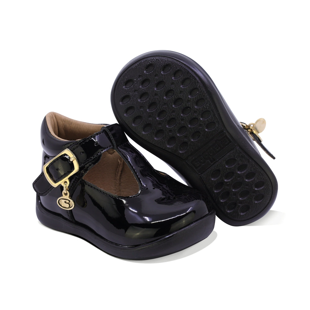 ZAPATO COQUETA PARA NIÑA EN CHAROL COLOR NEGRO PANAL CON HEBILLA